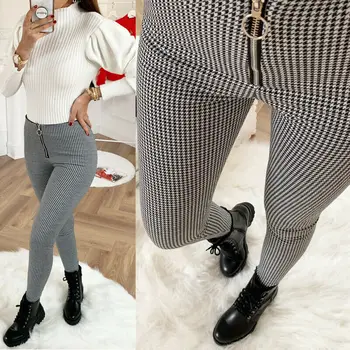 安い 女性タータンチェック柄高ウエストのズボンの女性チェックスリムフィットロング鉛筆のズボン