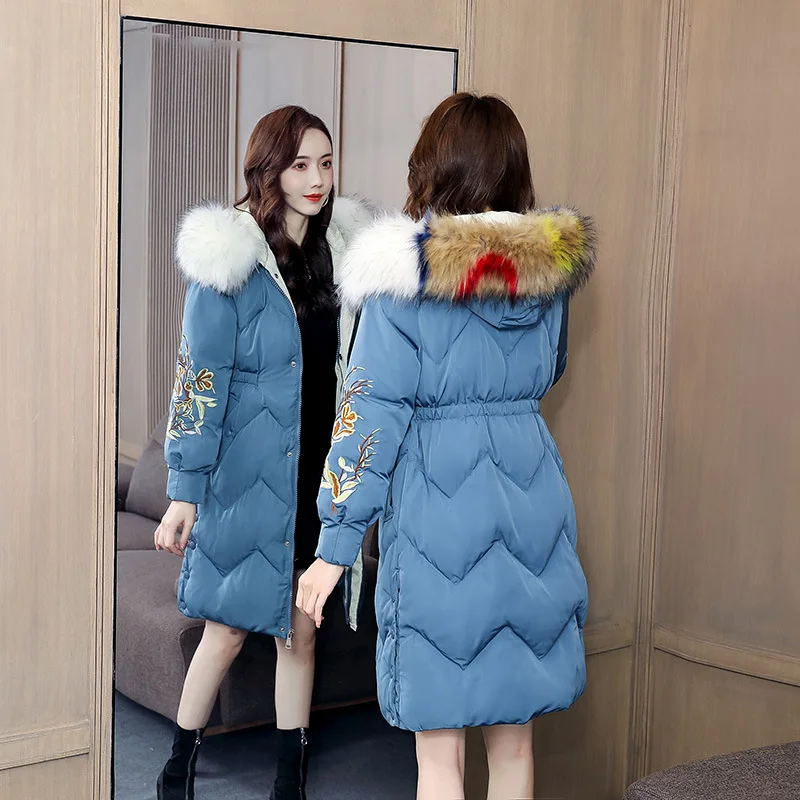 

Large Fur Collar Embroidery Cotton-padded Clothes Women's Mid-length 2019 New Style Korean-style Waist Hugging Slimming Fashion