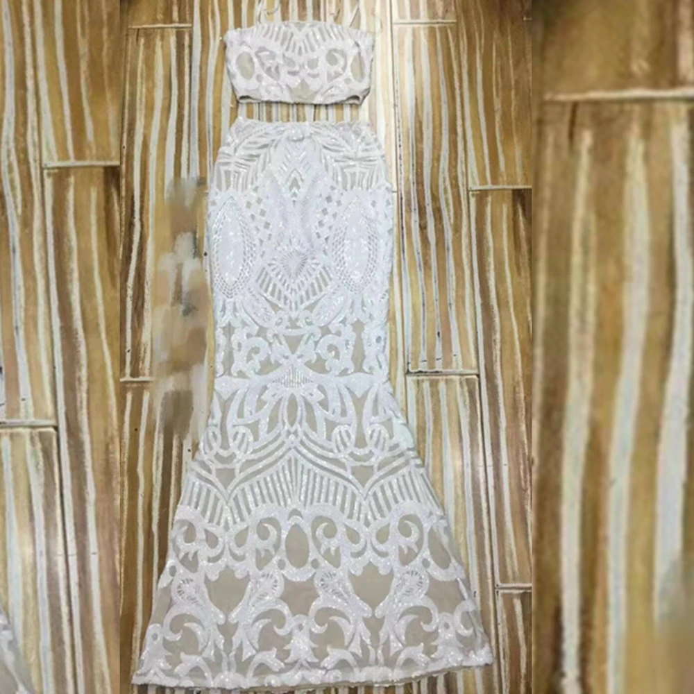 Fashion Elegant White Sequin Dress Two 2 Pieces Strapless Mesh Long Dress Patchwork Celebrity Party vestidos High Quality