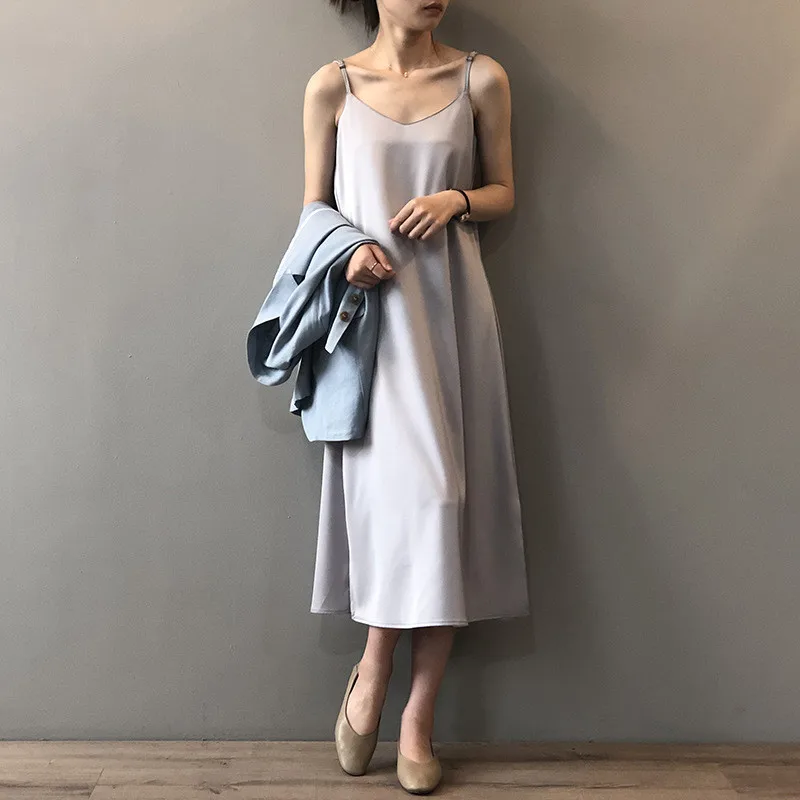 Summer Satin Black Sexy Women Dress 2020 Women's Dress Luxury Shiny Sundress Imitation Silk dress Y0786 Spaghetti Strap Dresses (16)