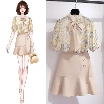 

2 Piece Set Women 2020 Summer Printing Chiffon Bow Crop Top + Mini Skirt Matching Sets Sexy Party Club Outfits for Ladies FY252