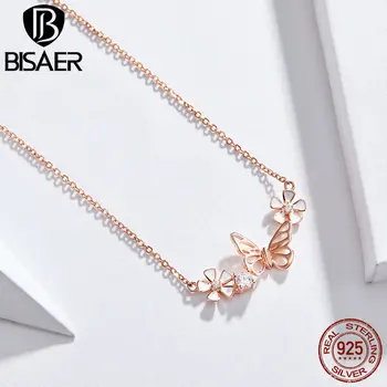 

Bisaer 925 Sterling Silver Romantic Rose Gold Dancing Butterfly Daisy Pendants Necklace Women Jewelry Gift Party Wedding GAN053