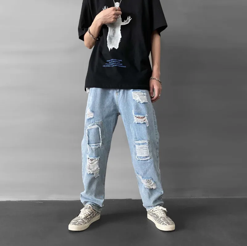 

2020 Spring And Summer New Youth Popular Men's Solid Color Loose Patch Jeans Fashion Casual Straight Pants Blue M-3XL