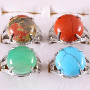 

10Pcs Adjustable Ring For Women Natural Stone Round CAB Cabochon Onyx Opal Howlite Crystal Beads Finger Ring Z199