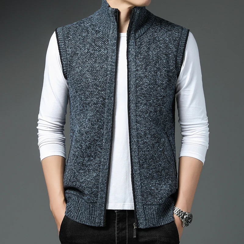 Autumn New Jersey Vest Men's Zipper Sweater Sleeveless Knitted Casual Jackets Warm Fleece Cardigan Navy Blue  Jumper Coat