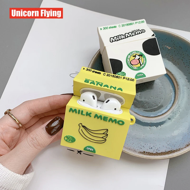 

LinXiang Cute Cartoon 3D Banana Milk Carton Shape Bluetooth Earphone Silicone Protective Case For Apple Airpods 1 2