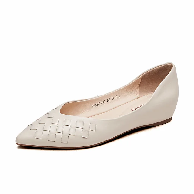 KANGNAI Women Shoes Genuine Leather Fashion Comfortable Square Toe Shallow Flats Beige