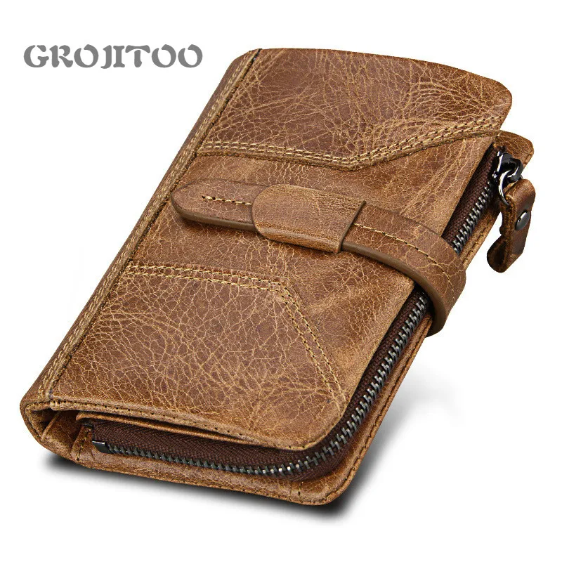 

GROJITOO 2020 New Men's wallet anti-RFID genuine wallet men's Crazy Horse Long wallet Male Walet Pocket Retro Purse High Quatily