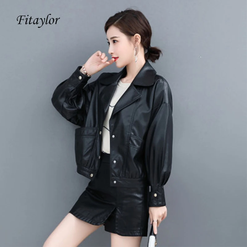 Куртка женская короткая в винтажном стиле из искусственной кожи с отложным