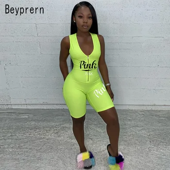 

Beyprern Stretchy Unitard Fluro Green Romper Womens Letter Printed Zipper Biker Jumpsuit Workout Playsuit Active Wear