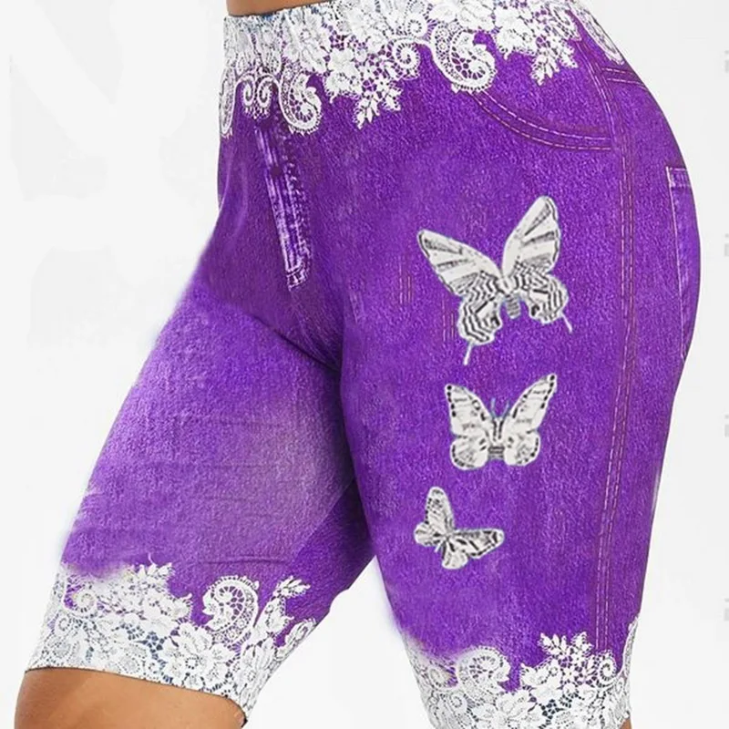 Summer vintage shorts women femme loose Shorts Women Fashion Lace Patchwork Butterfly Print Shorts Sports Minipants Hot sports shorts running shorts workout shorts seamless shorts