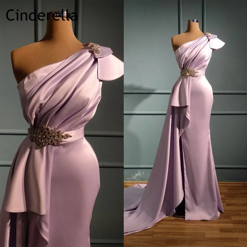 

Fashion One Shoulder Sweep Train Mermaid Elastic Satin Crystal Beading Prom Dresses With Zipper Back vestidos de fiesta de noche