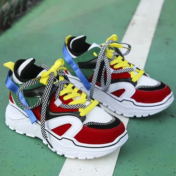 

Air Mesh Vulcanized Shoes Lace Up Chunky Sneakers Women Shoes Woman Mixed Color Platform Casual Shoes Ladies Flats Plus Size 42
