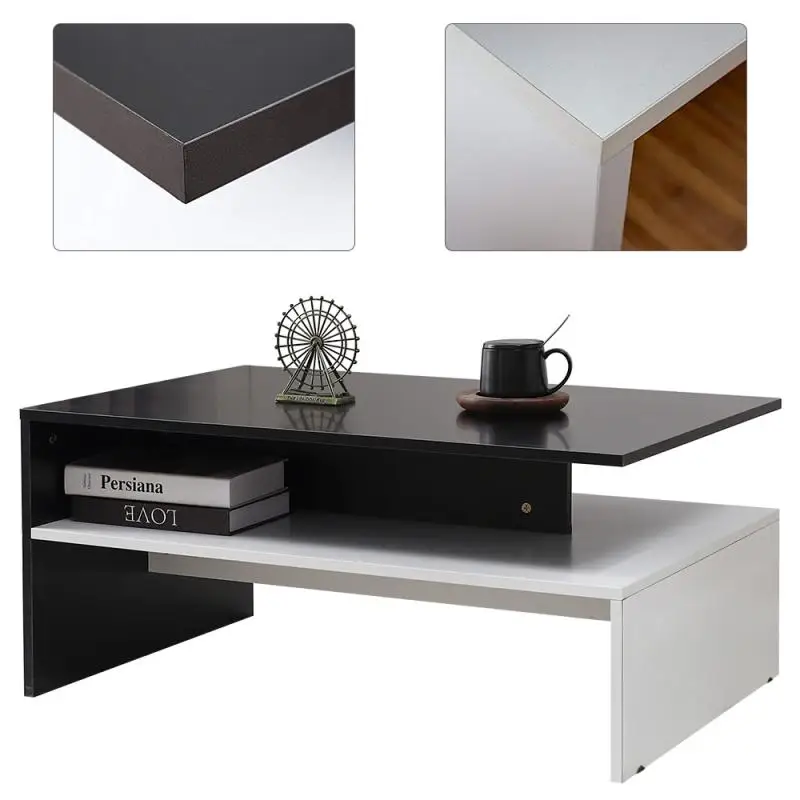 Café Tables Furniture Tea Table Magazine Shelf Double Layer Living Room Furniture Wooden Rectangle Bedroom Office Modern Black