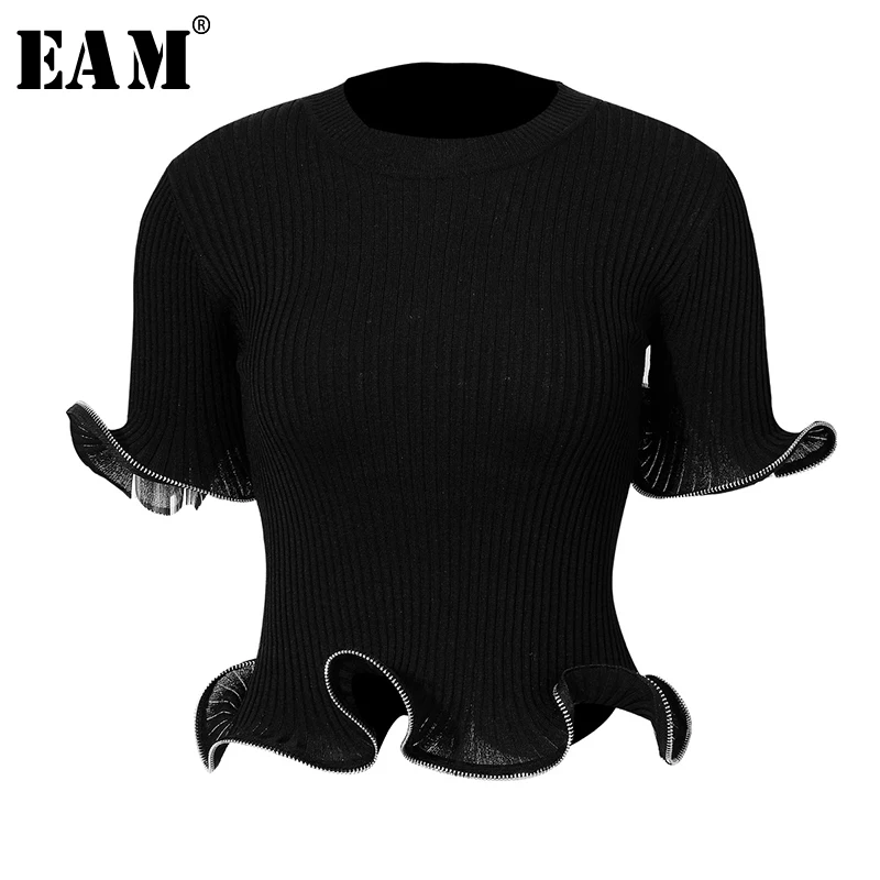 

[EAM] 2019 New Spring Summer Round Neck Half Sleeve Black Knitting Zipper stitch Ruffles Loose T-shirt Women Fashion Tide JU924