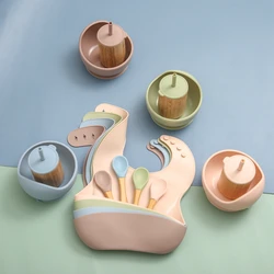 Vaisselle pour enfants, assiette à ventouse, vaisselle pour bébé, ensemble d'alimentation en Silicone, bavoirs pour enfants, bouteille, cuillère, bol distributeur 