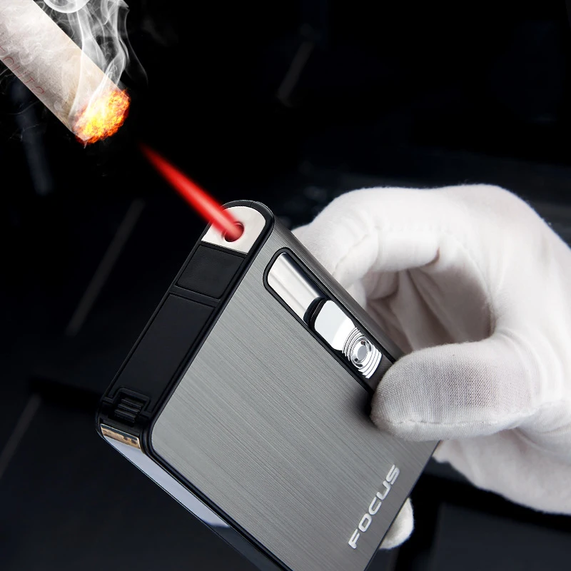 Cigarette Case Built-in Lighter for 10's Windproof Refillable Butane Jet Torch Red Flame Automatic Ejection Cigarette Case