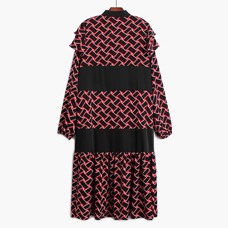 [EAM] Women Red Pattern Printed Big Size Dress New Stand Collar Long Sleeve Loose Fit Fashion Tide Spring Autumn 2020 1DA115