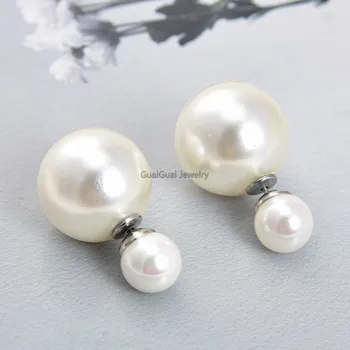

GG Jewelry 8-16mm White round Sea shell pearl Golden Plated Stud Earrings