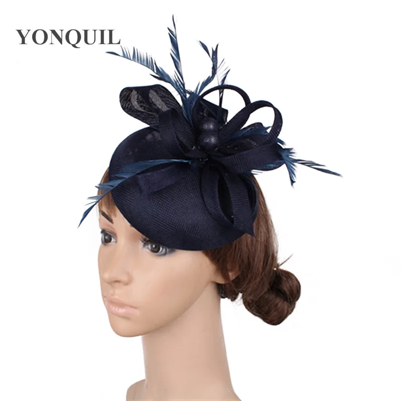 Imitation sinamay formal dress event navy fascinator women hat elegant ladies cocktail chuch fedora hat bride wedding headpiece