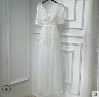Robe De Soiree BacklakeGirls, кружевное, с бисером, сексуальное, с v-образным вырезом, Длинные вечерние платья, для невесты, для банкета, элегантные вечерние платья в пол - Цвет: white half sleeve