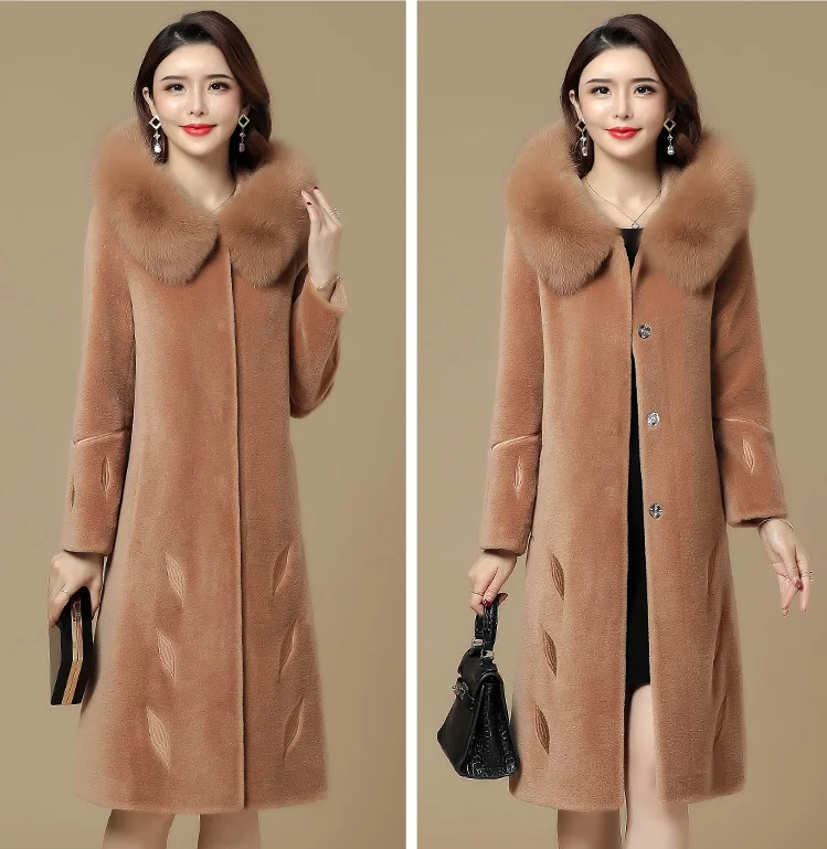 UHYTGF Quality Sheep sheared fur coat female fox fur hooded warm winter fur coat fashion embroidered 4XL plus size top women1021