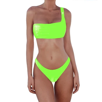 

Wearable high elasticity solid color bikini shiny European and American hot sale single shoulder swimsuit split 2020 ladies new