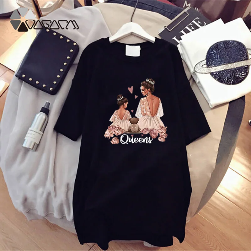 2021 Women Cartoon Print Dresses Mom and Kids Short Sleeve Mini Dress Loose Straight T-Shirt Robe Femme Casual Vestidos Kawaii