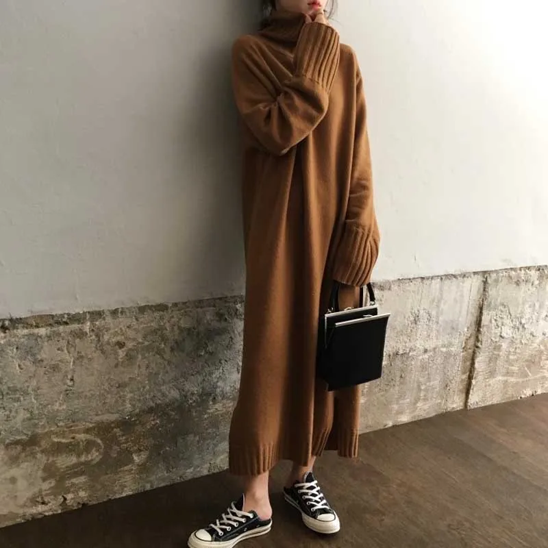 

One-Piece Dress Korean Women Loose Knitted Sweater Dresses 2020 Autumn Winter Women Long Sleeve Sweater Knitt Dress Long Dresses