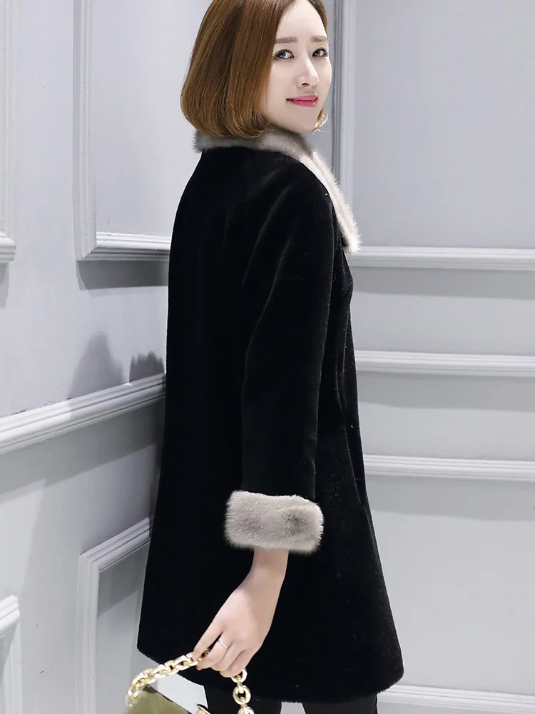 

Autumn Winter Real Women Long Jacket 100% Wool Coat Female Luxury Jackets Mink Fur Collar Manteau Femme KQN12122