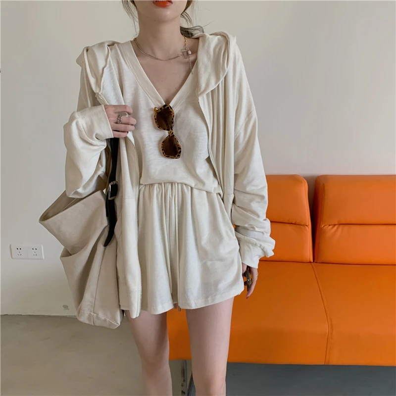 

tracksuits Summer womens two peices set t-shirts and Hooded Thin Sweatshirt + Elastic Waist Short Casual Set ka1036