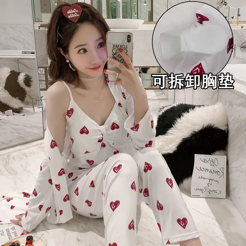 

Xx-881 # Red Heart Long Sleeve Camisole Sweet Pajamas with Chest Pad Homewear Set Three-piece Set