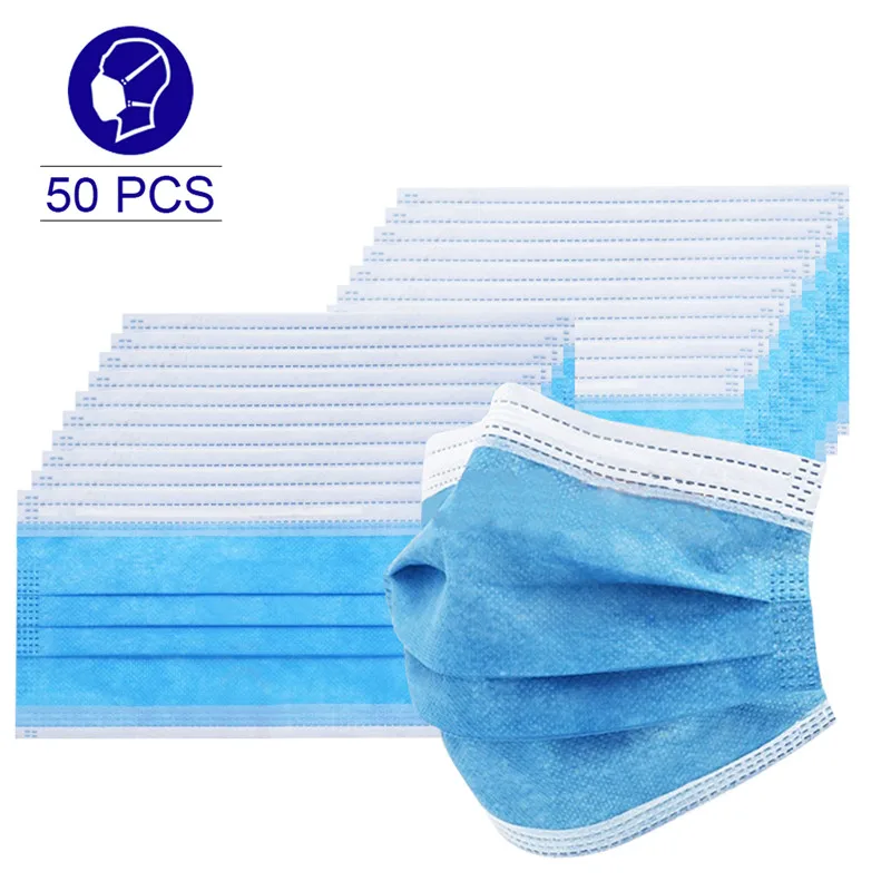 

Disposable Facial Protective Mask 3 Layers Non Woven Anti Pollution Mask Prevent Saliva bacteria Safety Face Shields 50PCS