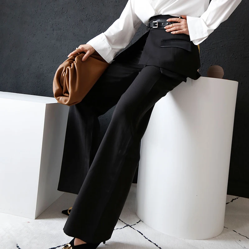 CHICEVER Лоскутные женские широкие брюки из искусственной кожи с высокой талией с ремнями осенние брюки для женщин Мода одежда Новинка