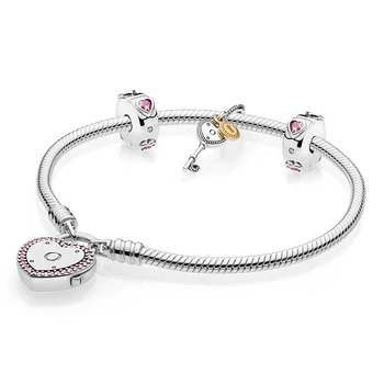 

NEW 100% 925 Silver 1:1 Genuine Charm Pink Key Heart Valentine Bracelet Set Elegant Charm Gift