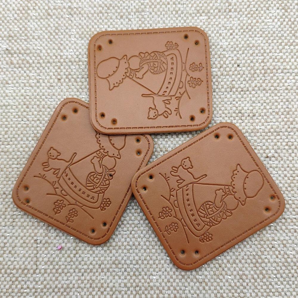 

girl with hat handmade leather mark with cat for gloves clothing spring hand made tags brown handmade label for scarf