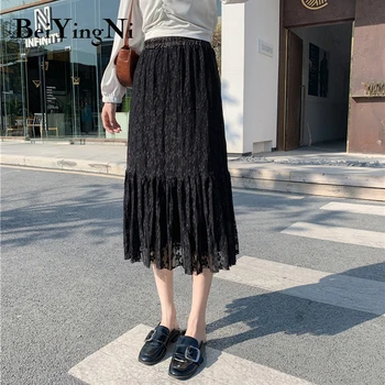 

Beiyingni White Black Skirts Womens Lace Patchwork High Elastic Waist Embroidery Office Lady Skirt Charming Casual Elegant Saias