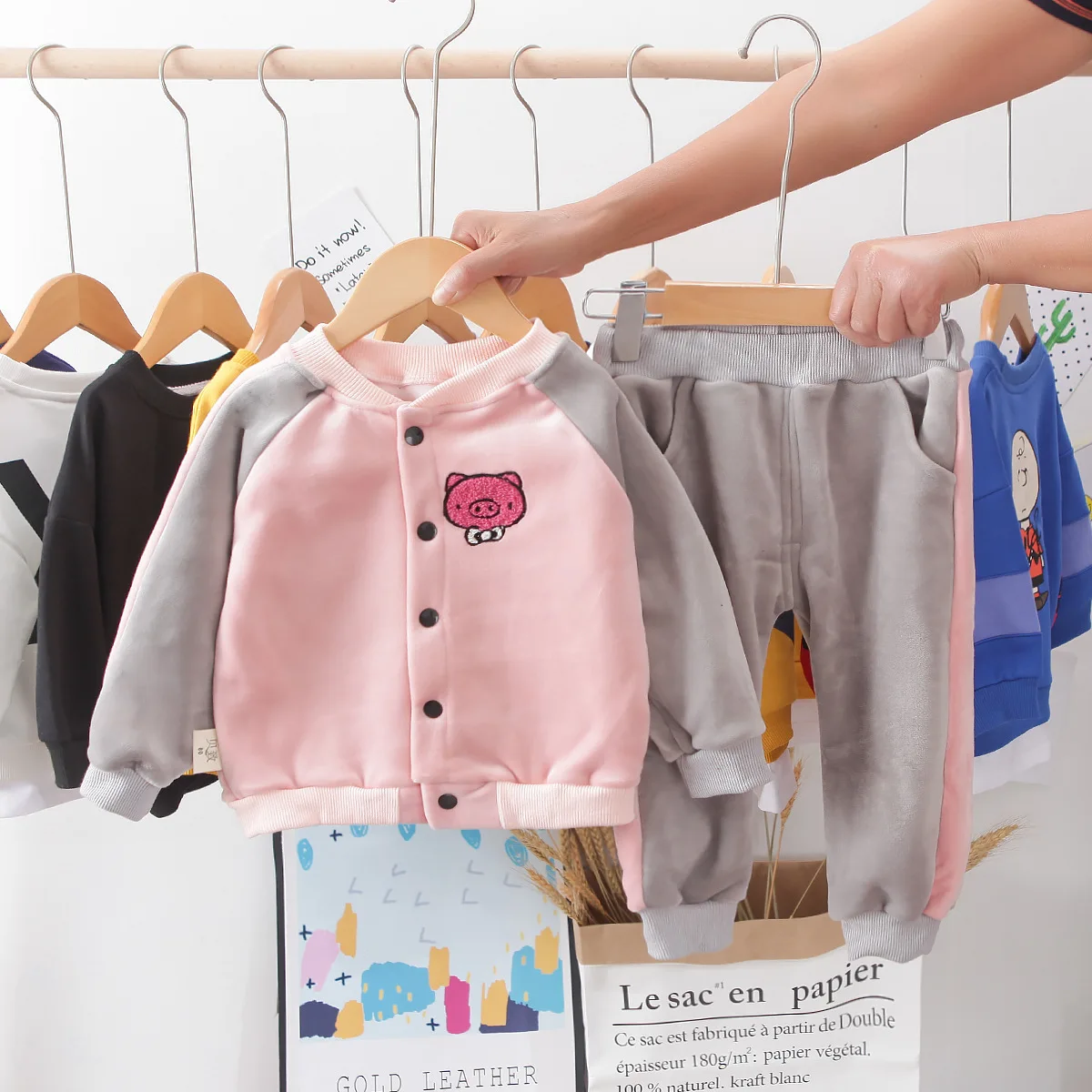 

2019 Winter New Style Girls Ball Uniform Cardigan Child Cartoon Pig Casual Fleece-Lined Set Rod Set Two-Piece Set