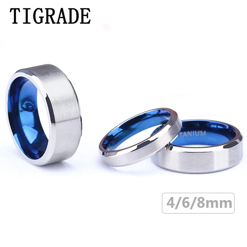 

Tigrade 100% Pure Titanium Men Women Ring Silver Surface Blue Inside Classic 4/6mm Wedding Rings Engraving Provide Drop Shipping