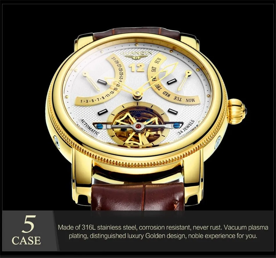 GUANQIN Tourbillon механические часы Мужские автоматические сапфировое стекло кожаный ремешок водонепроницаемые классические золотые наручные часы Reloj Hombre