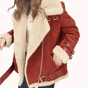 

Women Winter Faux Leather Fleece Long Sleeve Lapel Zipper Jacket Coat Outerwear