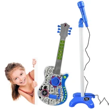 Детская электронная гитара, игровой набор, гитара, музыкальный инструмент, игрушки с подставкой, микрофон, детский подарок на Рождество, день рождения