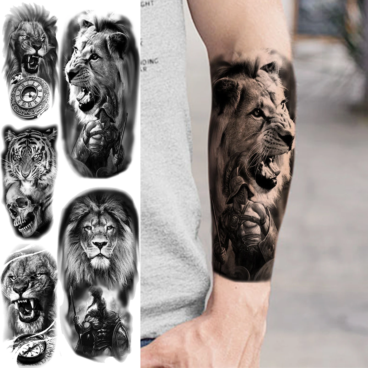 

Realistic Lion Tiger Temporary Tattoos For Adult Men Boy Skull Compass Warrior Fake Tattoo Sticker Waterproof Half Sleeve Tatoos