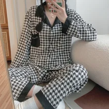 

2022 Spring Winter All Season New Fashion Women's Casual Lovely Plaid Houndstooth Sleepwear Homewear Pajamas Women Set With Pant