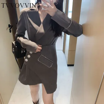 

TVVOVVIN 2020 NEW Long-sleeve Single Breasted Pocket Diamonds Loose Solid Girdle Two-piece Set Coat Fashion Girl Female A739