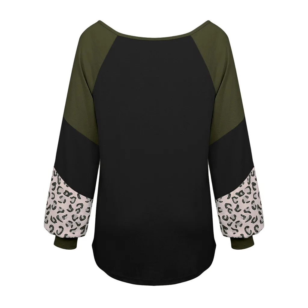 2019 ladies leopard solid color stitching long-sleeved shirt sweater 
