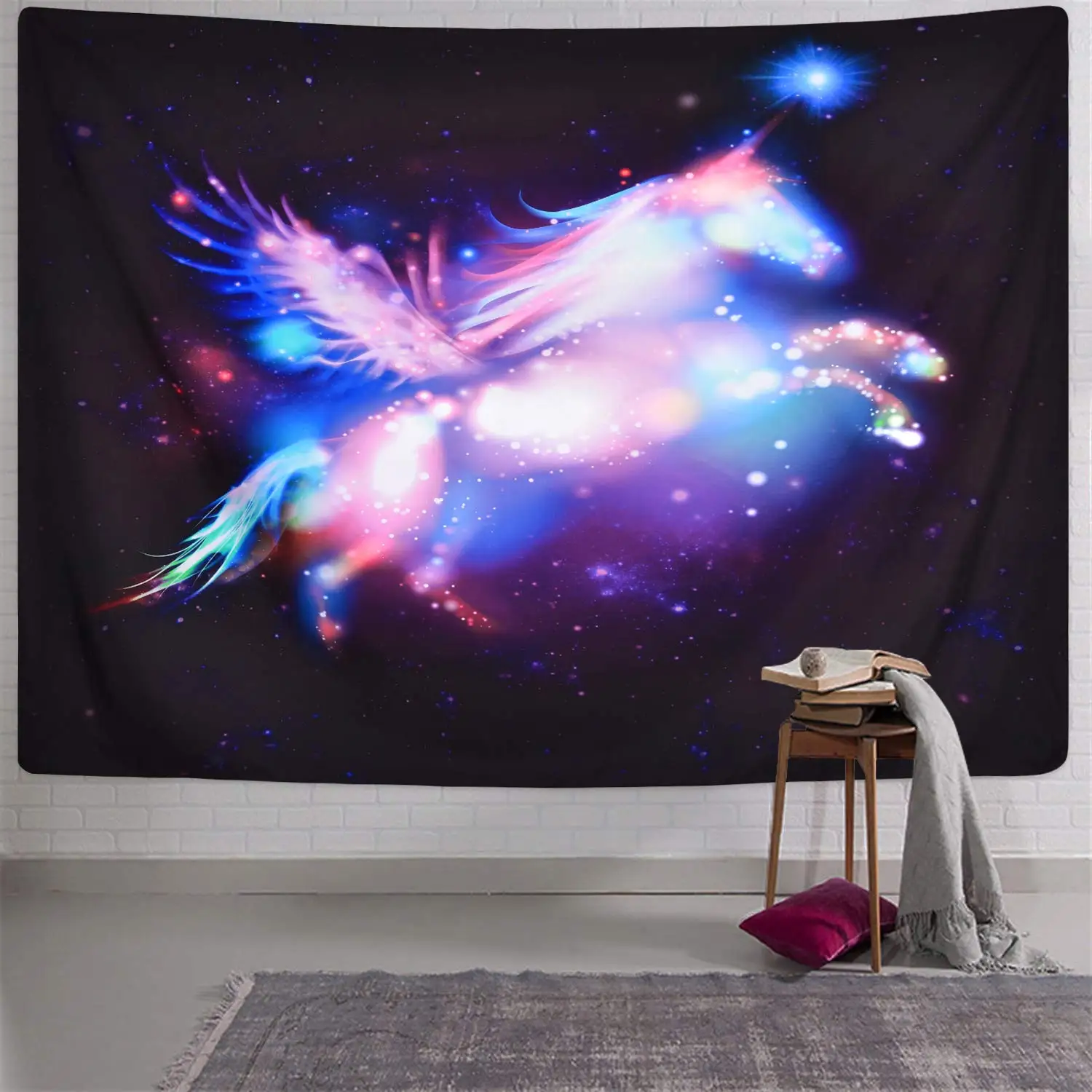 

Colorful Unicorn Wall Tapestry with Black Background Fantasy Tapestries