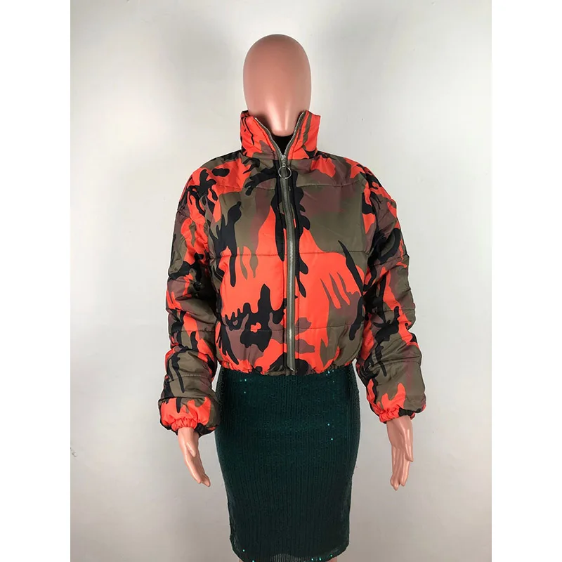 Goede 2020 Winter Vrouwen Korte Parka Hoge Kraag Volledige Mouw Rits Camouflage Afdrukken Jas High Street Buitenste Night Club Jacket Tops