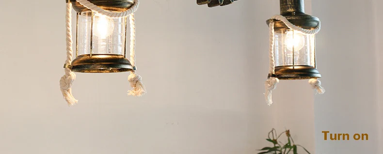 Rustic Pendant Lamp Round Wood Design Gear Retro Hemp Rope Hanging light18