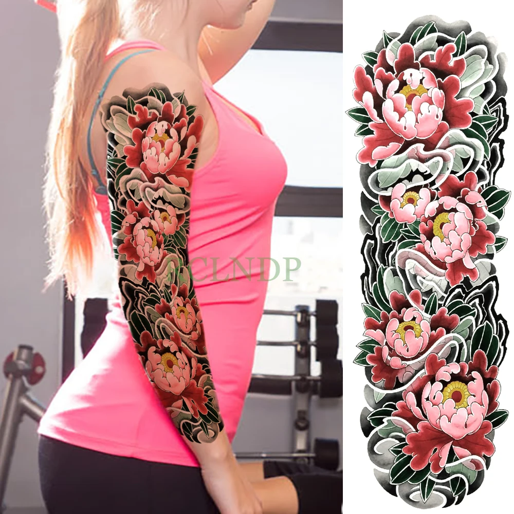 Waterproof Temporary Tattoo Sticker carp fish flower full arm fake tatto flash tatoo sleeve large size for girl men women lady - Цвет: Бордовый